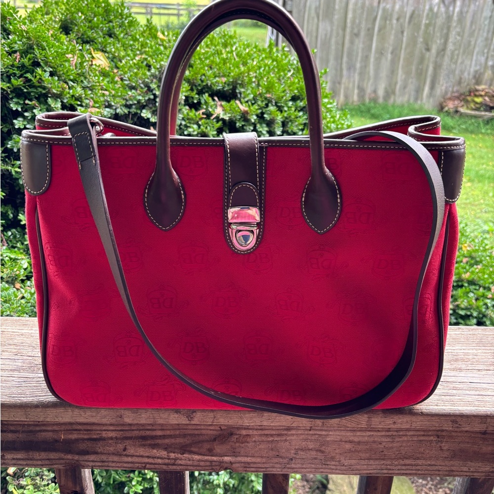 Dooney & Bourke Large Dark Red Monogram Canvas Tote Bag with Brown Leather Trim - Picture 1 of 12